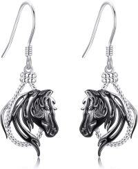 wholesale 925 Sterling Silver Horse Head Dangle Earrings with Black Enamel Finish for Women Girls  4cm Long-Dangle Horse-Dangle Horse