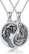 wholesale 925 Sterling Silver Dragon & Phoenix Heart Pendant Couples Necklaces for Best Friends Forever (BFF)  Set-0-0