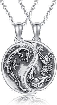 wholesale 925 Sterling Silver Dragon & Phoenix Heart Pendant Couples Necklaces for Best Friends Forever (BFF)  Set-Dragon