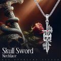 wholesale 925 Sterling Silver Gothic Sword with Rose Skull & Snake CZ Pendant Necklace-0-5