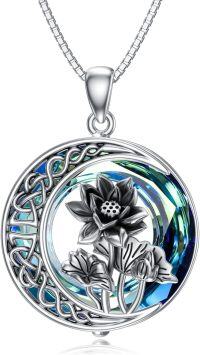 wholesale TOUPOP Oxidization July Birth Flower Necklace Lotus Necklaces For Women Lotus Jewelry Dainty Moon Flower Jewelry S925 Sterling Silver With Blue Crystal Birthday Gifts For Women -undefined