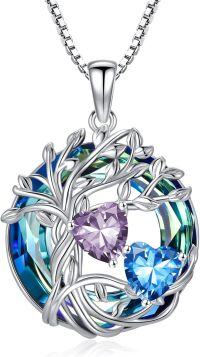wholesale 18K White Gold Filled Sterling Silver Family Tree Pendant with 2 Heart Birthstones Blue Austrian Crystal Necklace for Women-06-12-Jun-Dec Birthstone