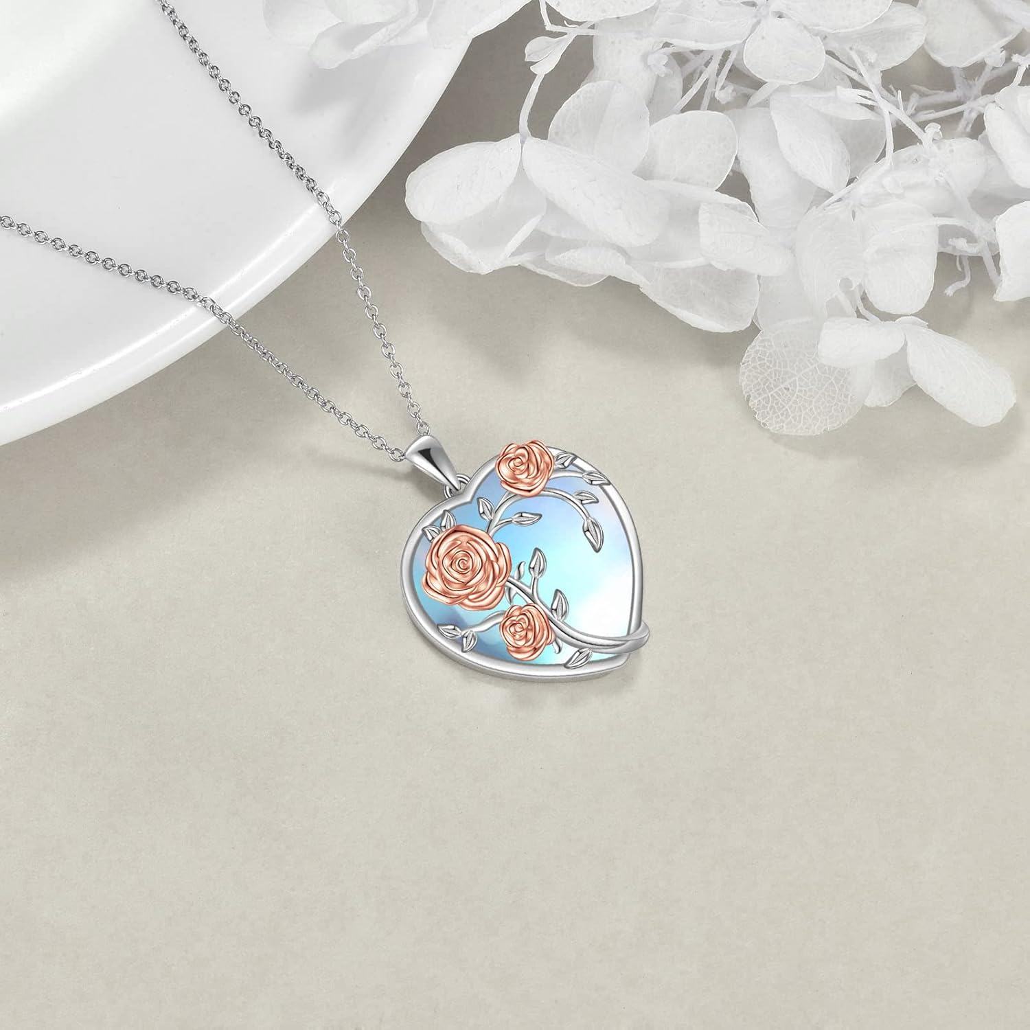  Sterling Silver Moonstone Rose Flower Necklace with Butterfly Pendant Valentine s Gift for Women -0-3