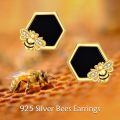 wholesale 925 Sterling Silver Bee Hexagon Stud Earrings with Black Onyx and Cubic Zirconia Gift for Her-0-2