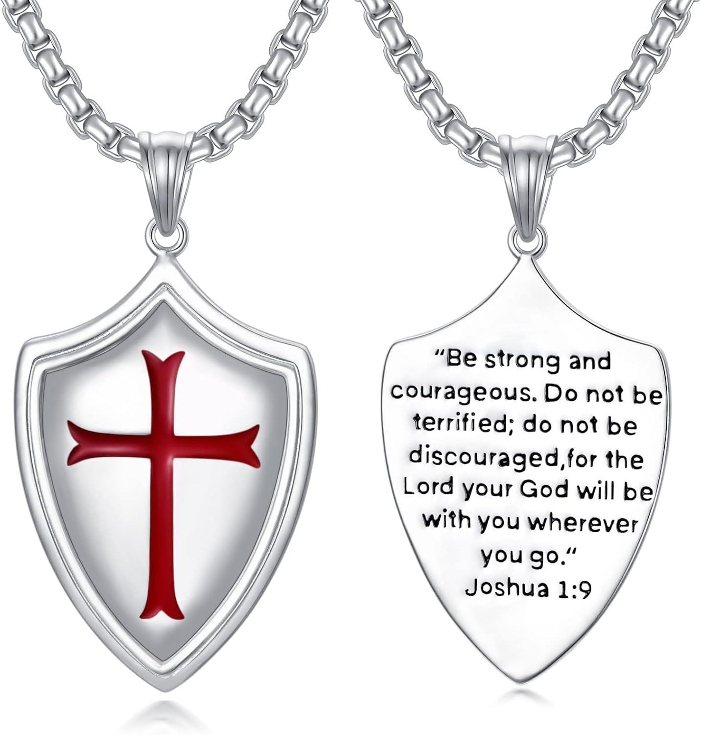 Stainless Steel Sterling Silver Knights Templar Cross Joshua 1 9 Shield Pendant Necklace-0-0