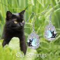 wholesale 925 Sterling Silver Black Cat & Crescent Moon Teardrop Earrings - Adorable Kitty Lover Gift-0-5