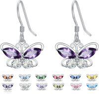 wholesale 925 Sterling Silver Cubic Zirconia 12 Birthstone Butterfly Dangle Earrings-02-Feb.