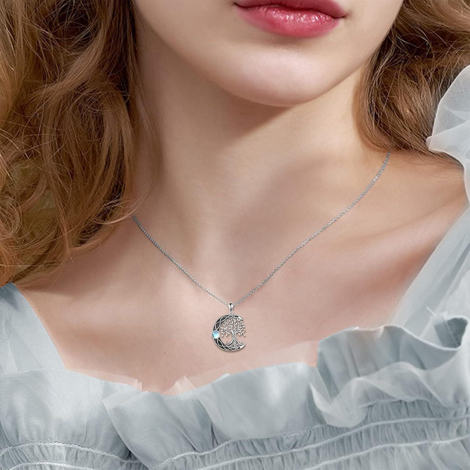 925 Sterling Silver Moonstone Celtic Knot Tree of Life Pendant Necklace-0-1