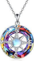 wholesale 925 Sterling Silver Rainbow Crystal Compass Pendant Necklace with Navy Blue Anchor and World Map Design-0-0
