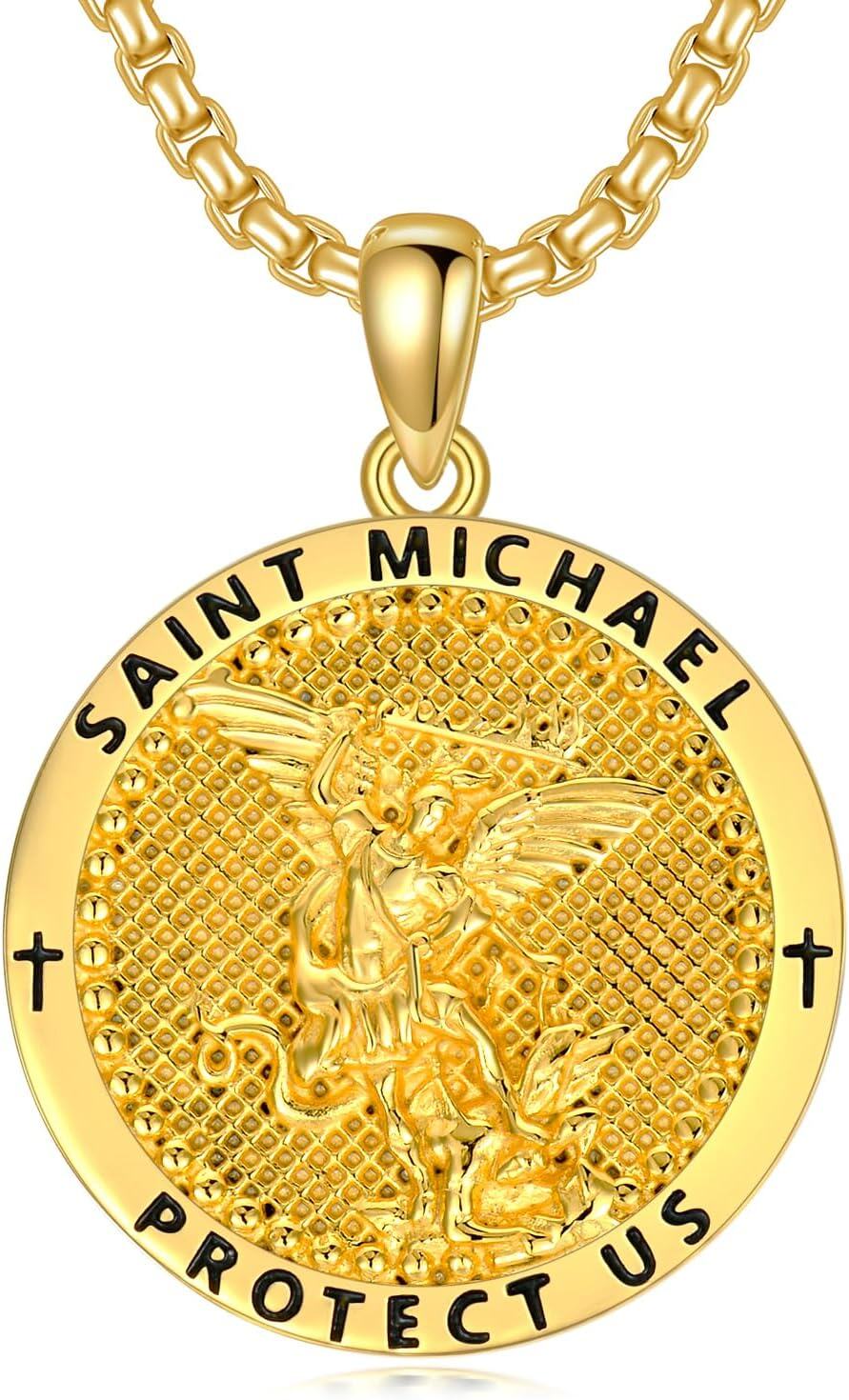Sterling Silver Oval St Michael St Christopher Medal Archangel Cross Necklace w 22 +2 Chain-A04-St Michael-Gold