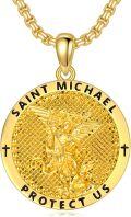 wholesale Gold 925 Sterling Silver Saint Michael Pendant with Archangel Cross and Protect Us Inscription on Round Medallion - 22+2mm Chain-0-0