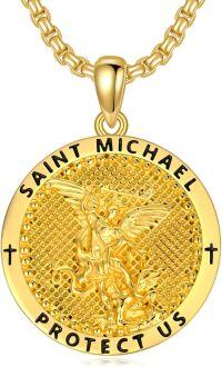 wholesale Gold 925 Sterling Silver Saint Michael Pendant with Archangel Cross and Protect Us Inscription on Round Medallion - 22+2mm Chain-A04-St Michael-Gold