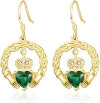 wholesale 18K Gold Plated 925 Sterling Silver Claddagh Birthstone Earrings for Women Irish Celtic Jewelry Gifts-05-May-Lab Created Emerald