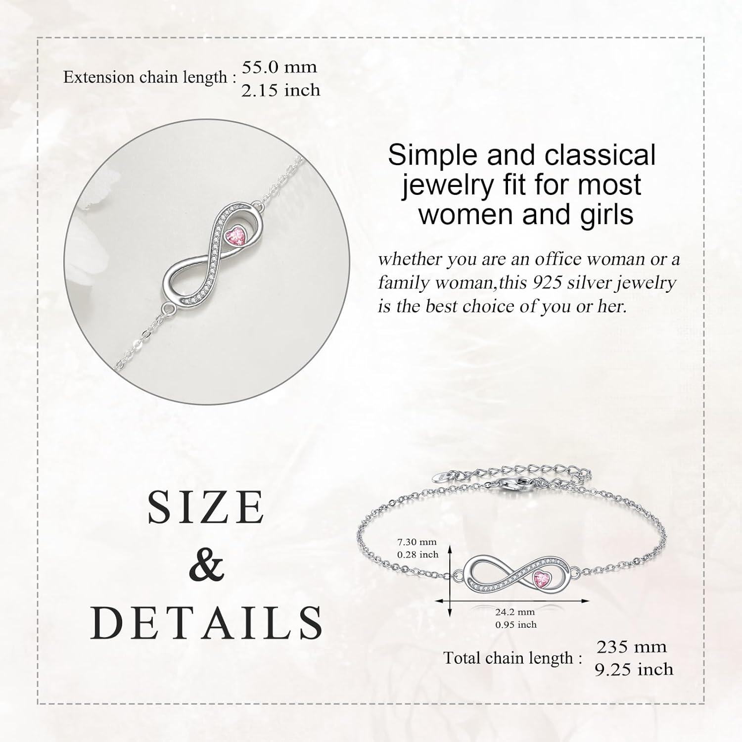Sterling Silver Birthstone Infinity Heart Charm Adjustable Bracelet-0-5