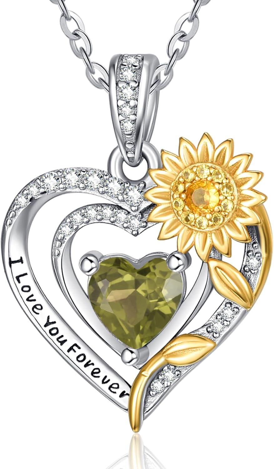Sterling Silver Sunflower Birthstone Pendant Necklace for Women-08-Aug