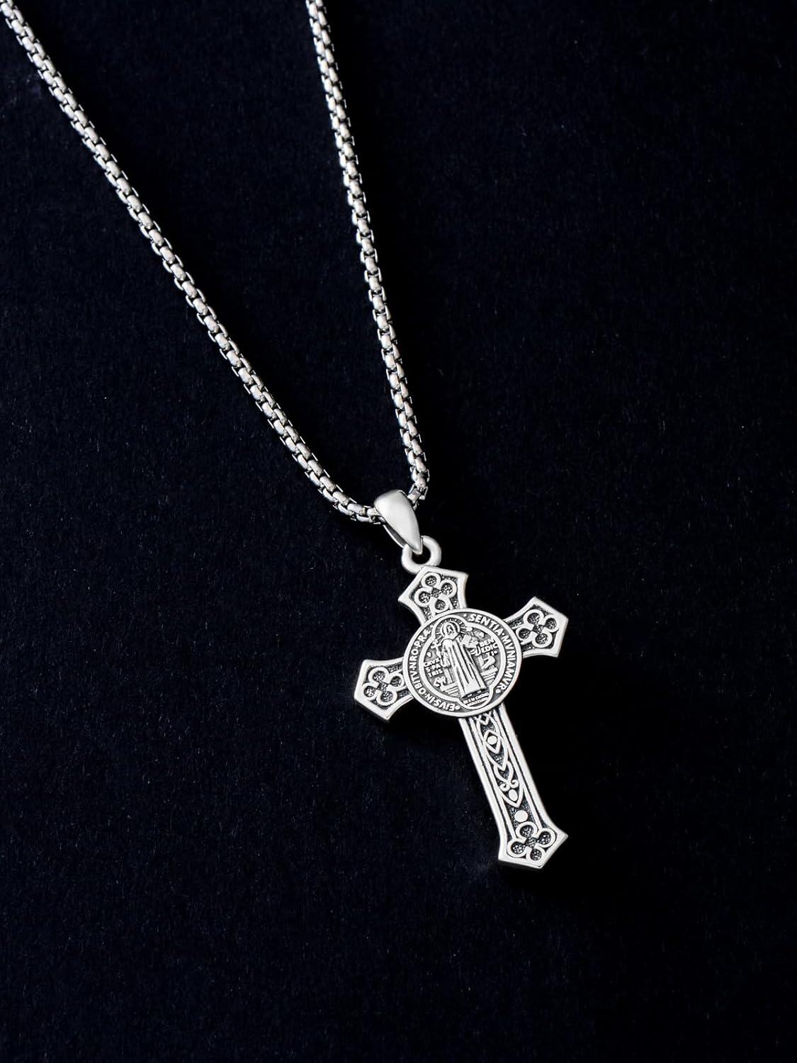 wholesale 925 Sterling Silver Cross Pendant Necklace with Stainless Steel Chain for Men & Women - Protection Amulet Religious Jewelry with 24+2mm Rolo Chain (Gift Included)-0-3