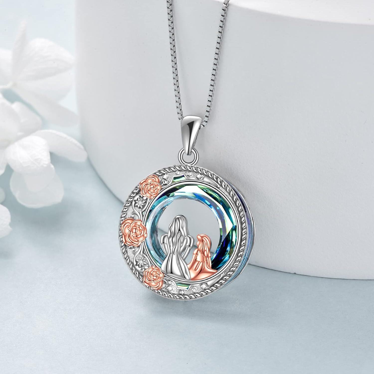 Sterling Silver Blue Crystal Mother and Children Rose Flower Necklace Gift for Mom-0-5