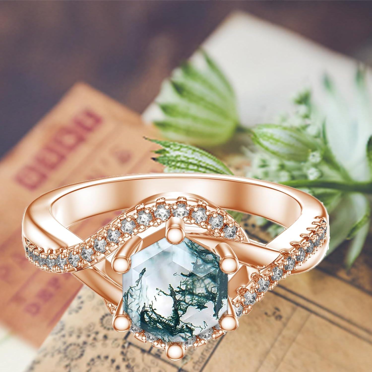 925 Sterling Silver Moss Agate  Engagement Ring for Women-0-2