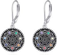 wholesale 925 Sterling Silver Multi-Color Crystal Mandala Round Leverback Earrings-Lotus Chakra Earrings