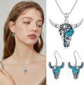 wholesale 925 Sterling Silver Turquoise Western Cow Skull with Cactus Pendant Necklace for Women-0-5