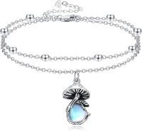 wholesale 925 Sterling Silver Moonstone & Moss Agate Mushroom Charm Ankle Anklet for Women and Moms-Mushroom-Moonstone
