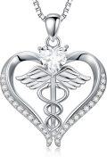wholesale 925 Sterling Silver AAA Cubic Zirconia & Moissanite Caduceus Heart Birthstone Nurse Necklace-0-0