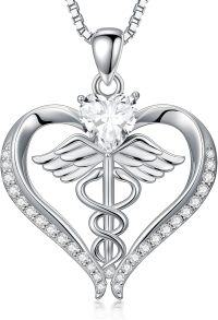 wholesale 925 Sterling Silver AAA Cubic Zirconia & Moissanite Caduceus Heart Birthstone Nurse Necklace-White