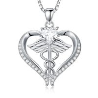 wholesale 925 Sterling Silver AAA Cubic Zirconia & Moissanite Caduceus Heart Birthstone Nurse Necklace-White
