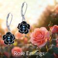 wholesale 925 Sterling Silver Black Enamel & Blue Pearl Rose Drop Earrings-0-4