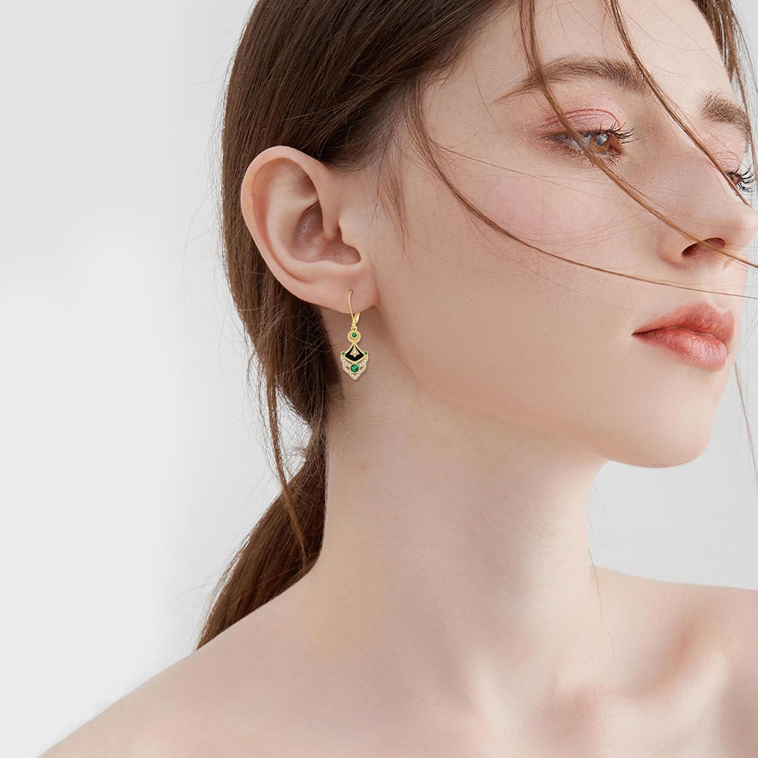 wholesale 925 Sterling Silver Green Crystal Black Enamel Geometric Drop Earrings for Women Girls-0-1