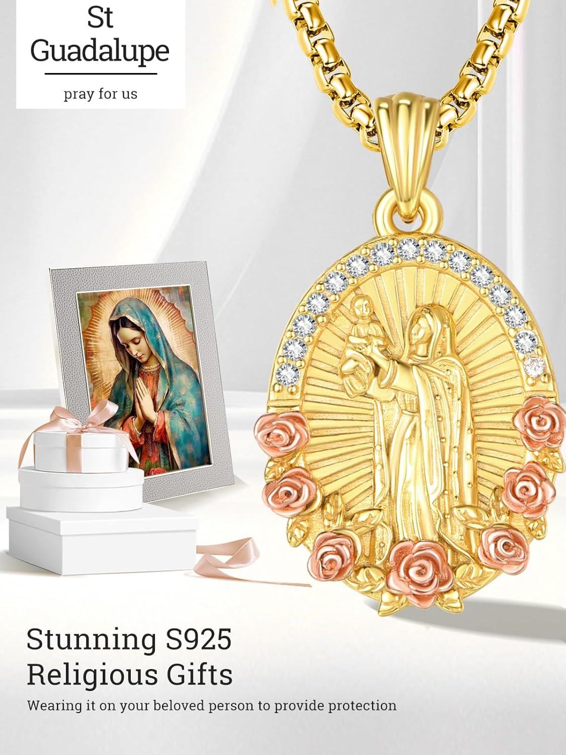 wholesale Gold 925 Sterling Silver Virgin Mary & Child Necklace w/ Rose Accents and Cubic Zirconia Stones on 24 Box Chain-0-4