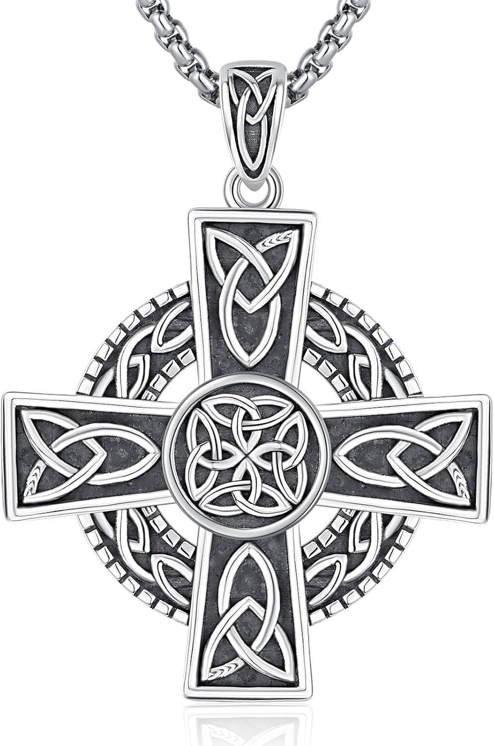 925 Sterling Silver Celtic Knot Cross Pendant Necklace Norse Viking Jewelry for Men Women-0-0