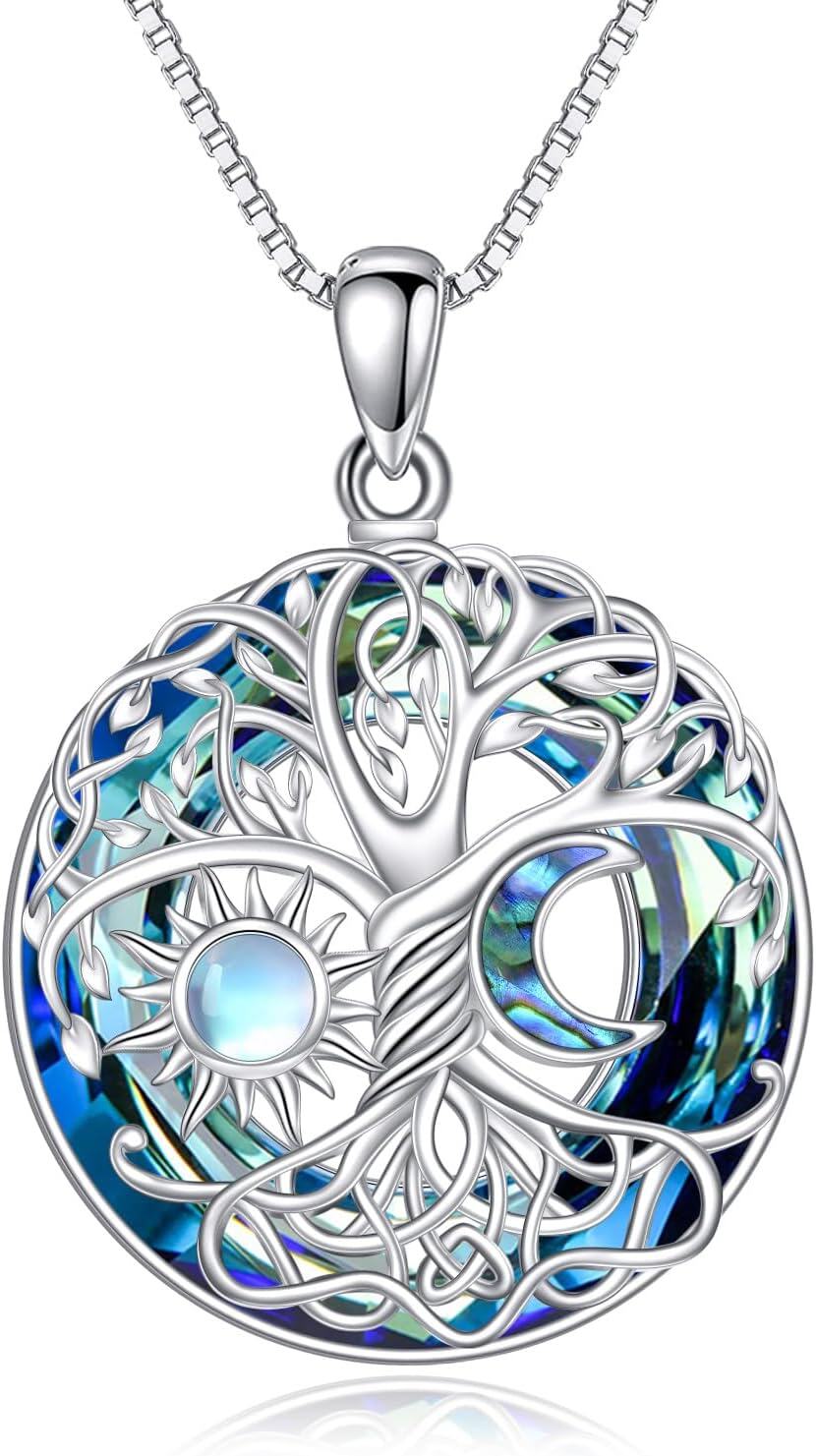 wholesale 925 Sterling Silver Blue ABALONE SHELL & CRYSTAL TREE OF LIFE NECKLACE FOR WOMEN-0-0
