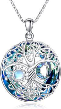 wholesale 925 Sterling Silver Blue ABALONE SHELL & CRYSTAL TREE OF LIFE NECKLACE FOR WOMEN-sun and moon tree of life