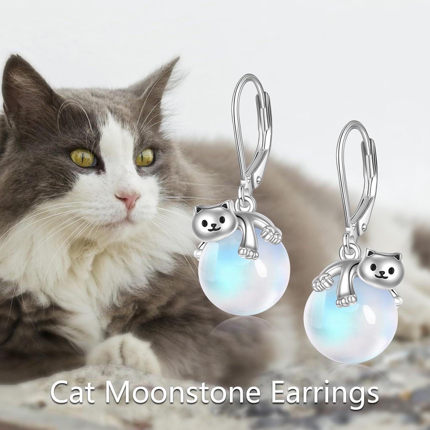 925 Sterling Silver Opalite Cat Dangle Earrings-0-4