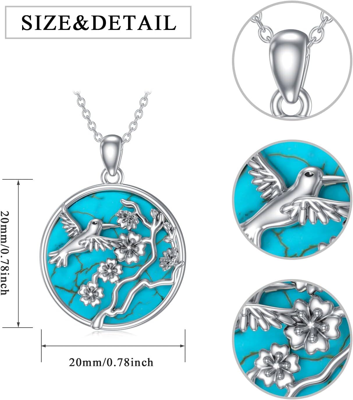 Sterling Silver Turquoise Diamond Hummingbird Pendant Necklace-0-4