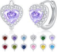 wholesale 925 Sterling Silver Cubic Zirconia 12 Birthstone Heart Huggie Hoop Earrings Valentine Wedding Gifts-06-Jun.