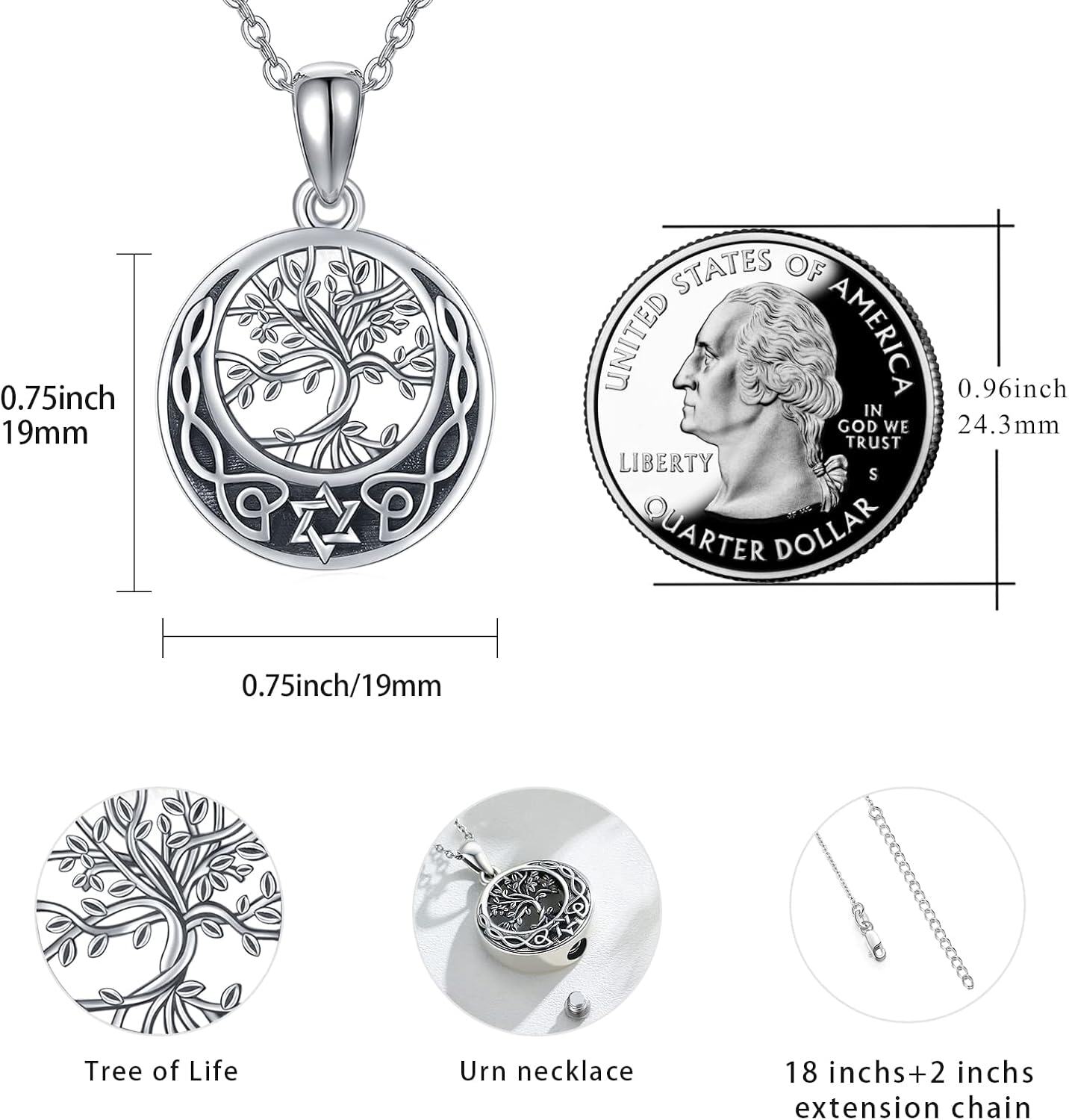 wholesale 925 Sterling Silver Tree of Life Celtic Knot Urn Pendant Necklace with Chain and Funnel Set for Ashes s for Men & Women-0-2