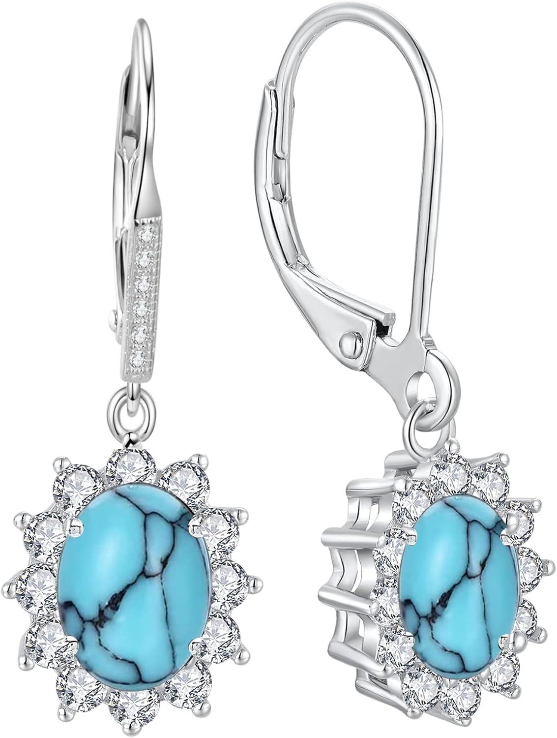 wholesale 925 Sterling Silver Oval Cut Birthstone Dangle Leverback Earrings for Women Mom-Turquoise Earrings