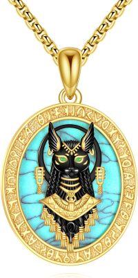 wholesale 925 Sterling Silver Turquoise Stone Ancient Egypt God Ankh Scarab Pendant Necklaces for Women Men Egyptian  45cm Chain Length-Bastet