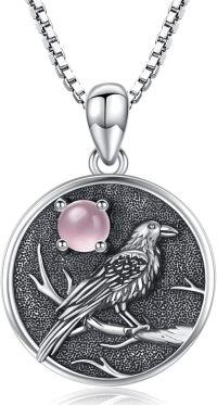 wholesale Silver Synthetic Stone Raven Pendant Crow Round Necklace Gift for Women-Rose Quartz