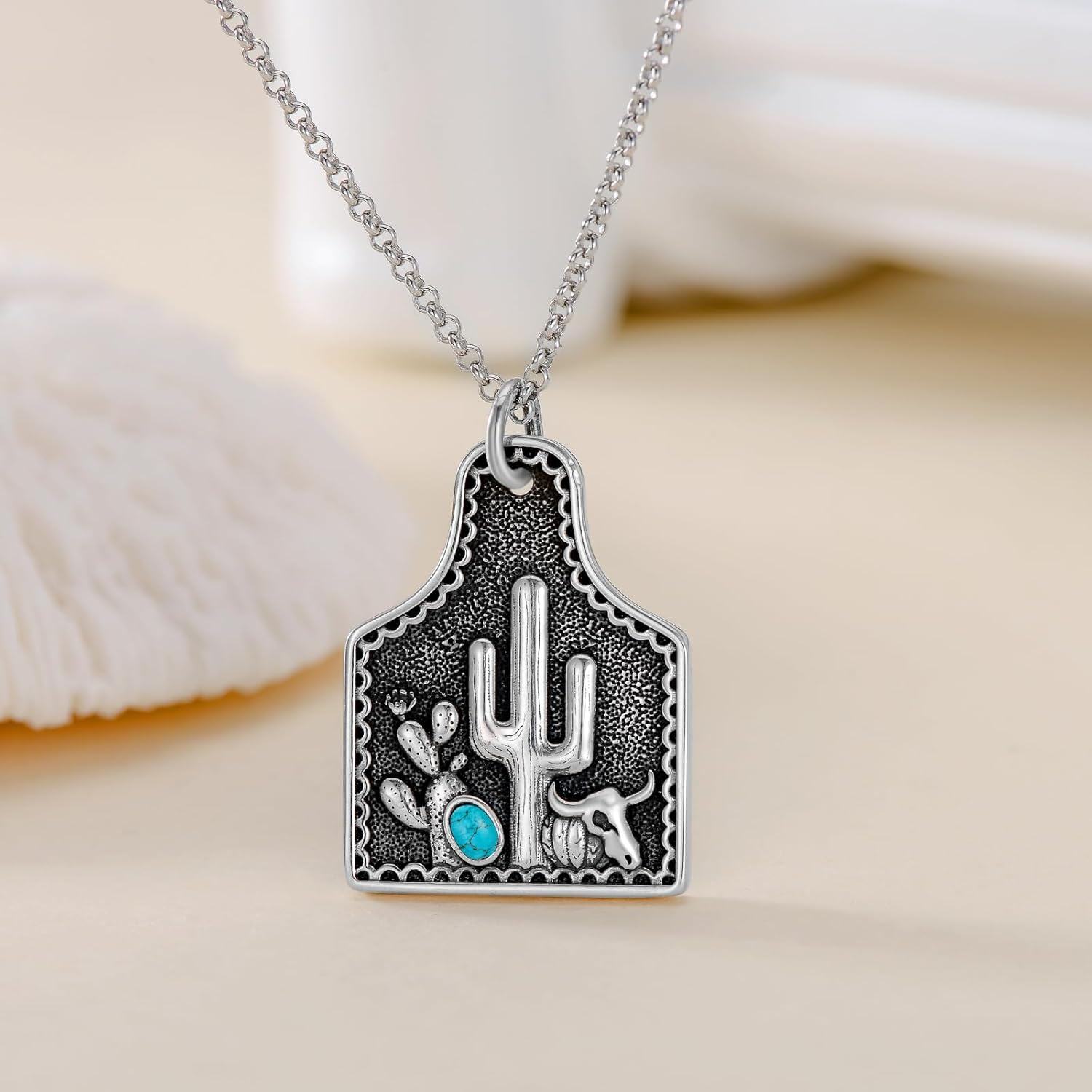 925 Sterling Silver Turquoise Southwest Desert Cactus Pendant Necklace for Women Girls Gifts-0-3