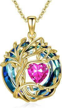 wholesale White Gold Yellow Gold Plated Sterling Silver Austrian Crystal Celtic Tree of Life Necklace-10-Oct-Pink Tourmaline 18K Gold-Blue Crystal