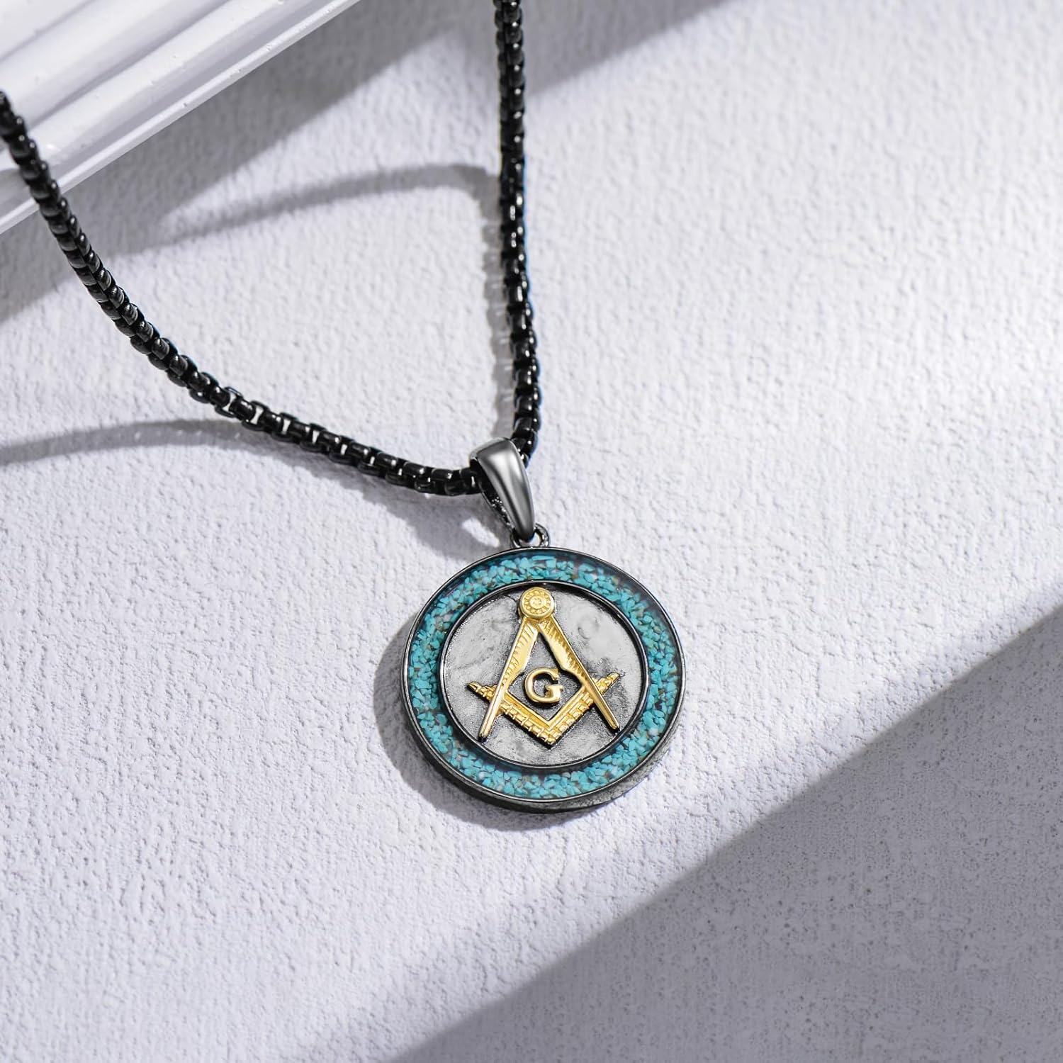 925 Sterling Silver Blue Stone Freemason Symbol Pendant Necklaces for Men Women Gifts-0-4