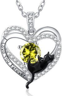 wholesale Sterling Silver Birthstone Cat Projection Heart Pendant Necklace-08 Aug - Peridot-08 Aug - Peridot