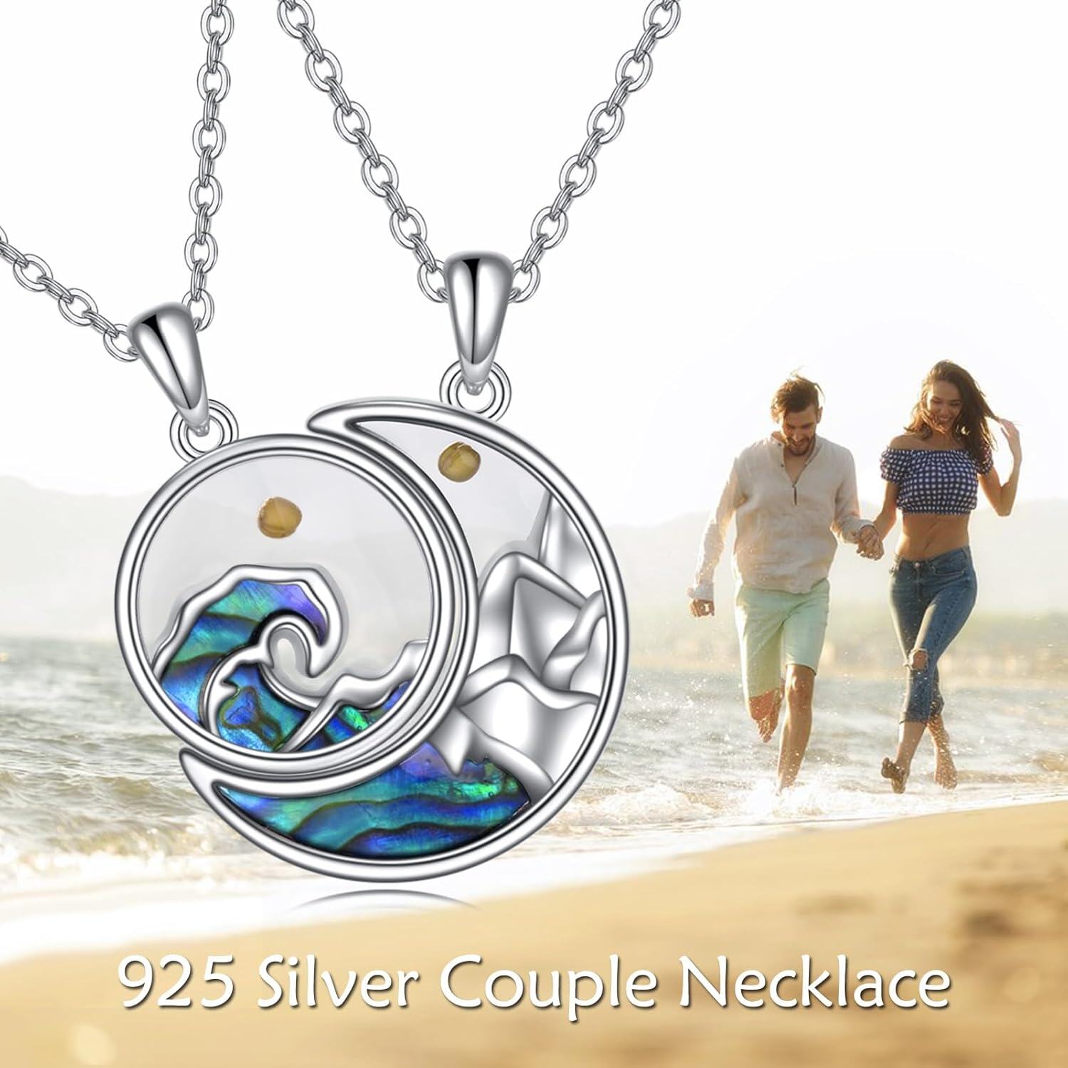 925 Sterling Silver Abalone Shell Wave Pendant with Gold Seeds and Moon Design - Christian Jewelry for Women-0-1