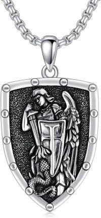wholesale 925 Sterling Silver Shield Pendant with Saint Michael and Cross Necklace for Men Women  47cm Chain Length-A1.Saint Michael(shield)