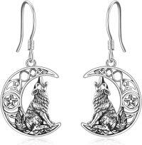 wholesale 925 Sterling Silver Howling Wolf Moon Drop Earrings for Women Girls  4cm Long-Wolf Earrings