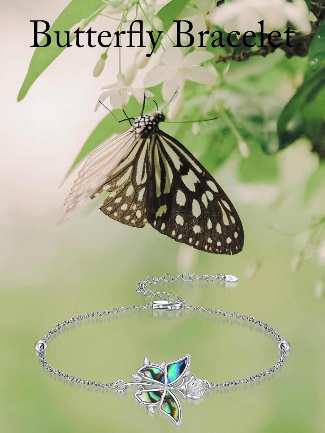 wholesale 925 Sterling Silver Butterfly & Rose Abalone Shell Charm Bracelet - Adjustable Holiday Gift for Her-0-5