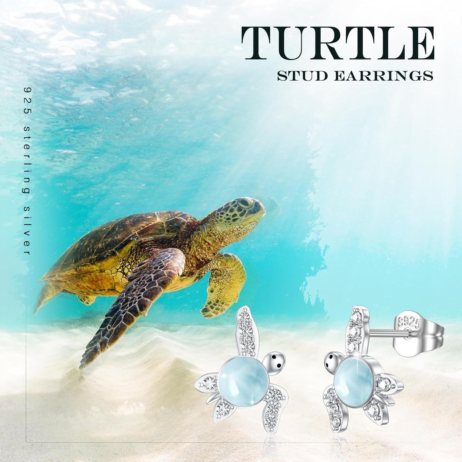 wholesale 925 Sterling Silver Turtle Stud Earrings with Larimar Moonstone and Turquoise - Ocean s for Women-0-5